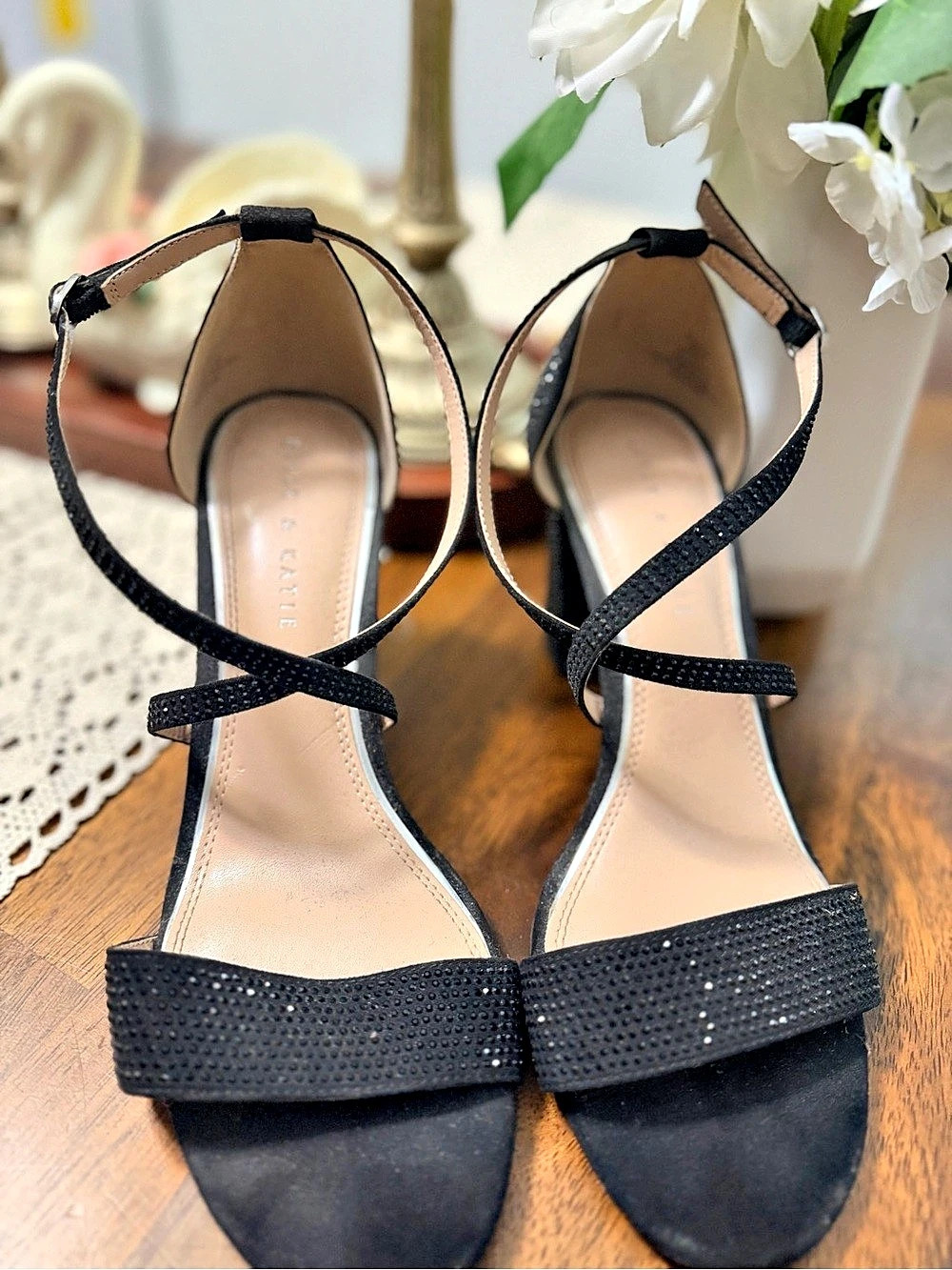 Kelly & Katie Rhinestone Black Embellished Block Heel